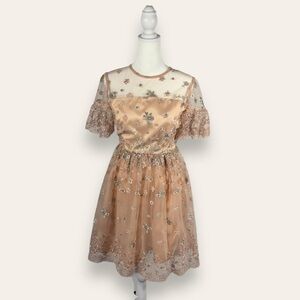 Lily Brown Floral Embroidered Illusion Neckline Midi Dress, Blush Pink, Size S/M